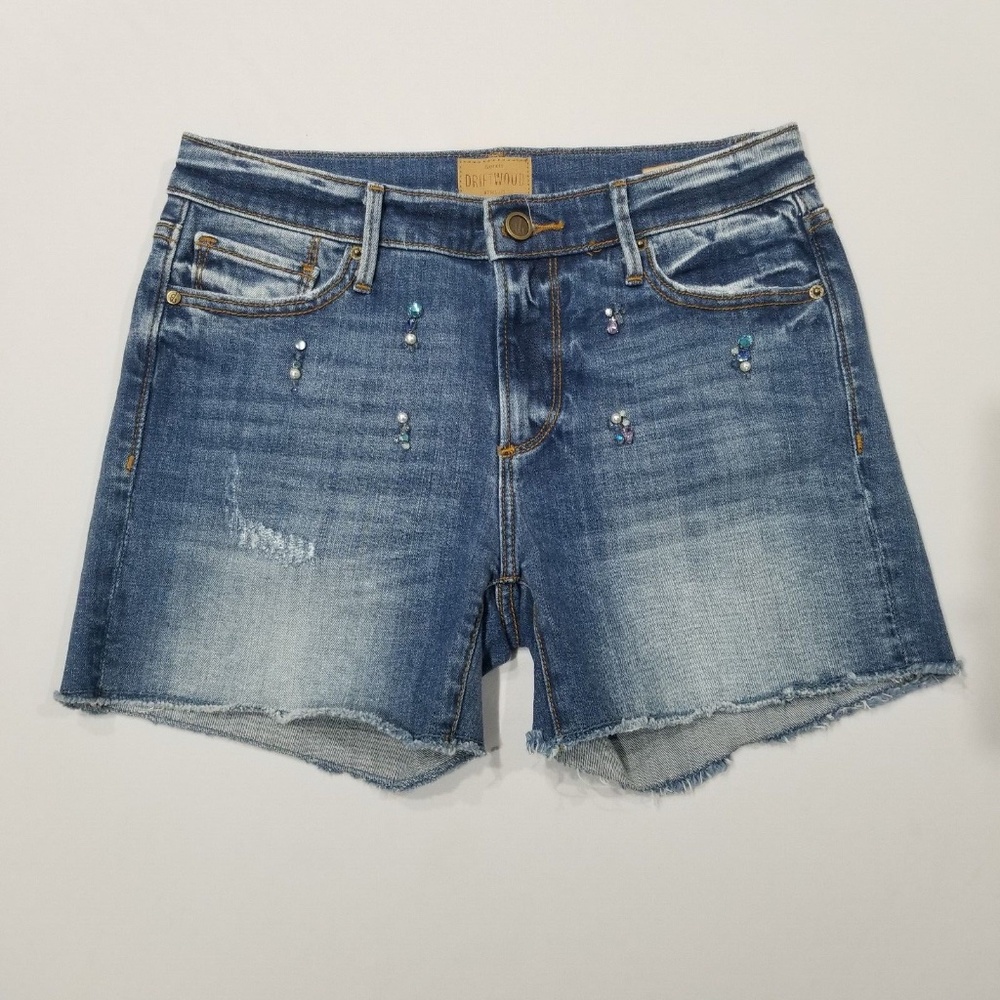 DRIFTWOOD Size 26 Connie Jean Denim Shorts Gems Crystals Frayed Hem Applique